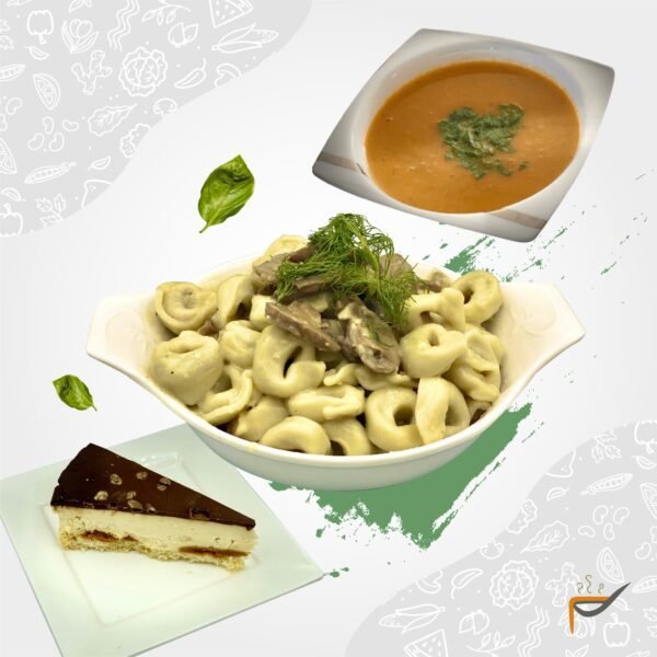 Vegan Menu: Mushroom Tortelini, Tomato Soup, Cheesee Cake