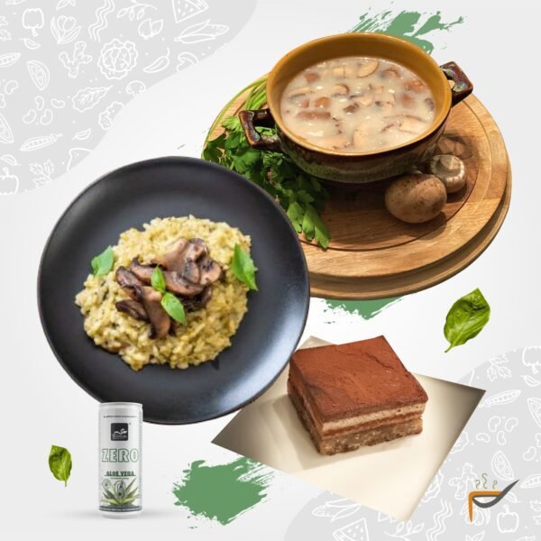 Vegan Menu : Muschroom Risotto, Musroom Soup, Tiramisu, Aloa Vera Zero (250 ml)