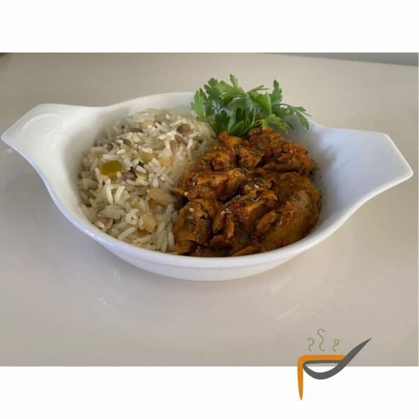 Vegan chicken pieces with nut rice