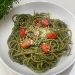 High Protein Pesto Spinach Pasta