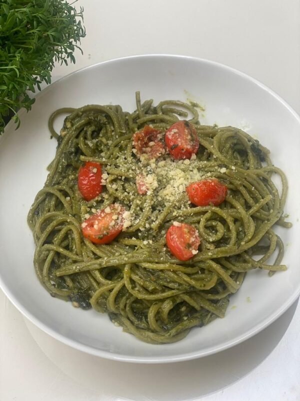 High Protein Pesto Spinach Pasta